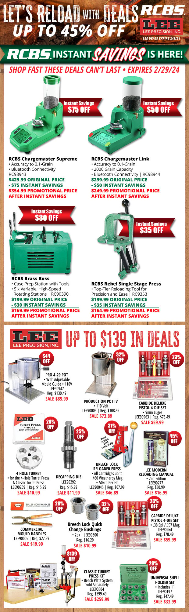 Up to 45% Off Reloading Deals with RCBS and Lee