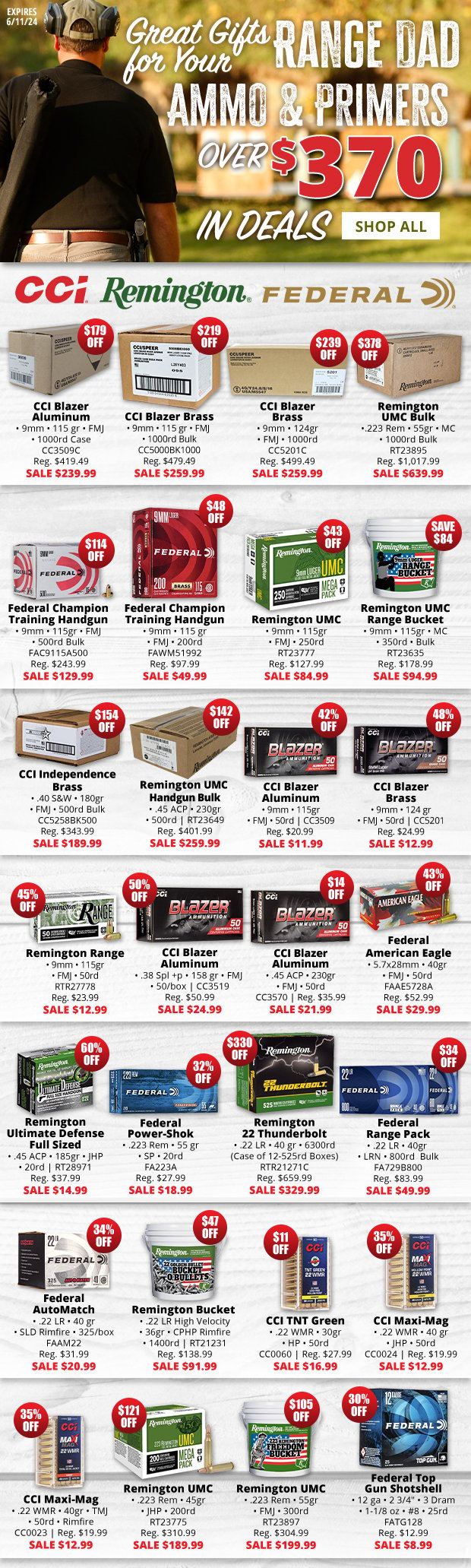 Over $370 in Deals on Ammo & Primers. Great Gifts for Dad!