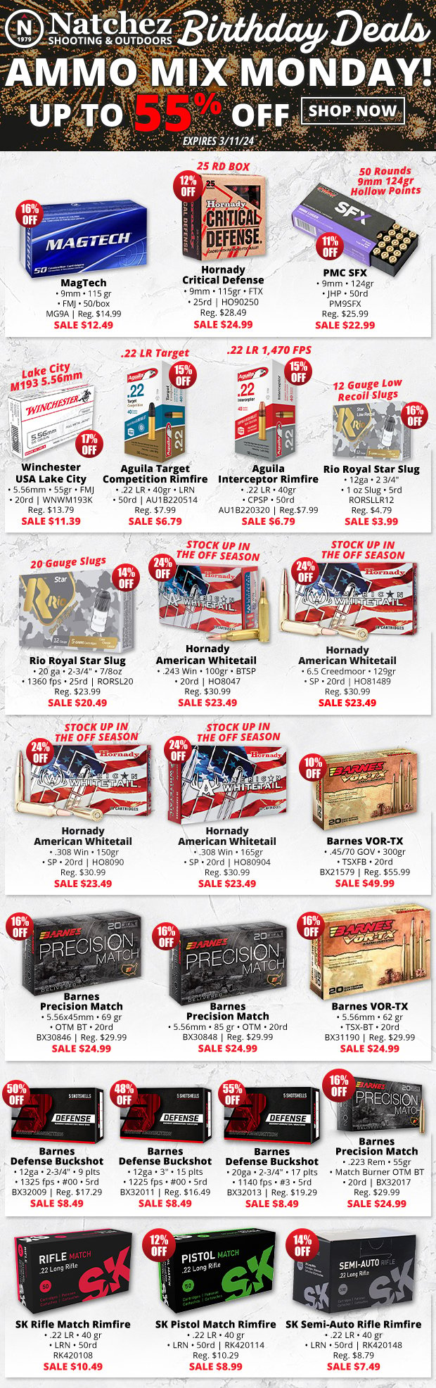 Up to 55% Off Ammo with Natchez Birthday Deals!